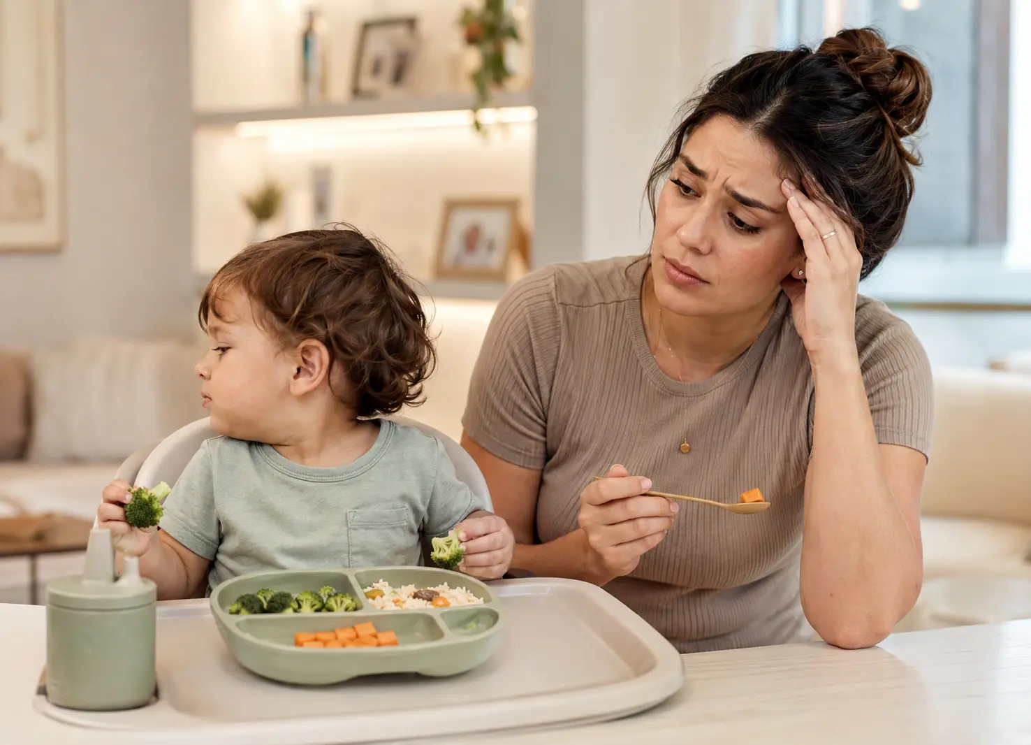 Mãe em momento de dúvida durante a alimentação infantil